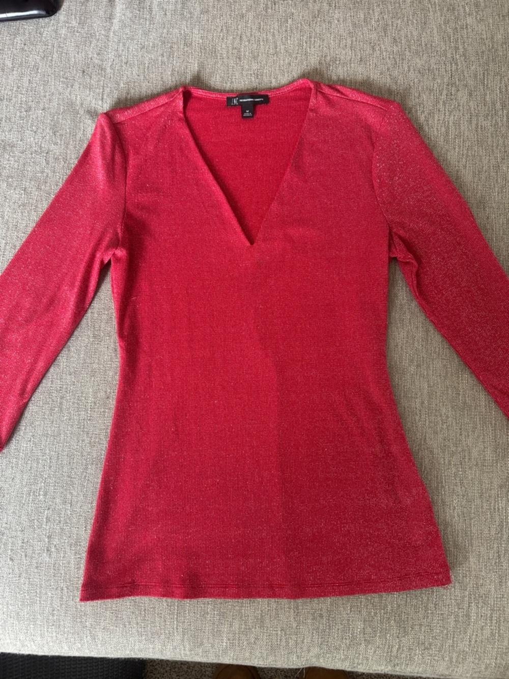 Express Metallic Red V-Neck Long Sleeve Top